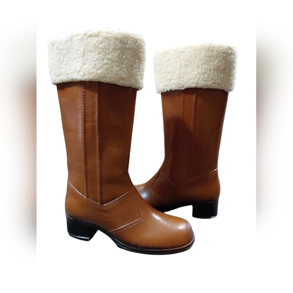 "Sears" Vintage Brown Rubber Women's Rain Boots with Cream Fur Lining. Sz.8...